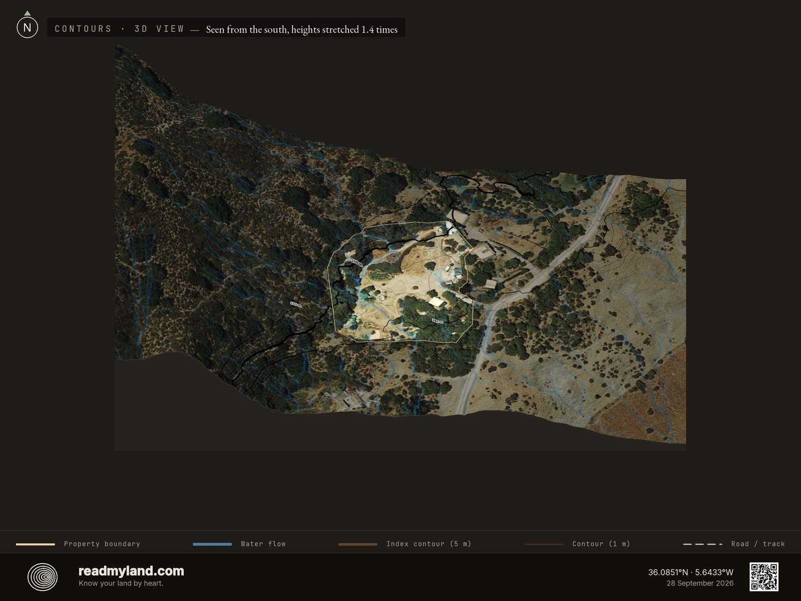 Topographic contours and water-flow streams over the Tarifa coast parcel in 3D