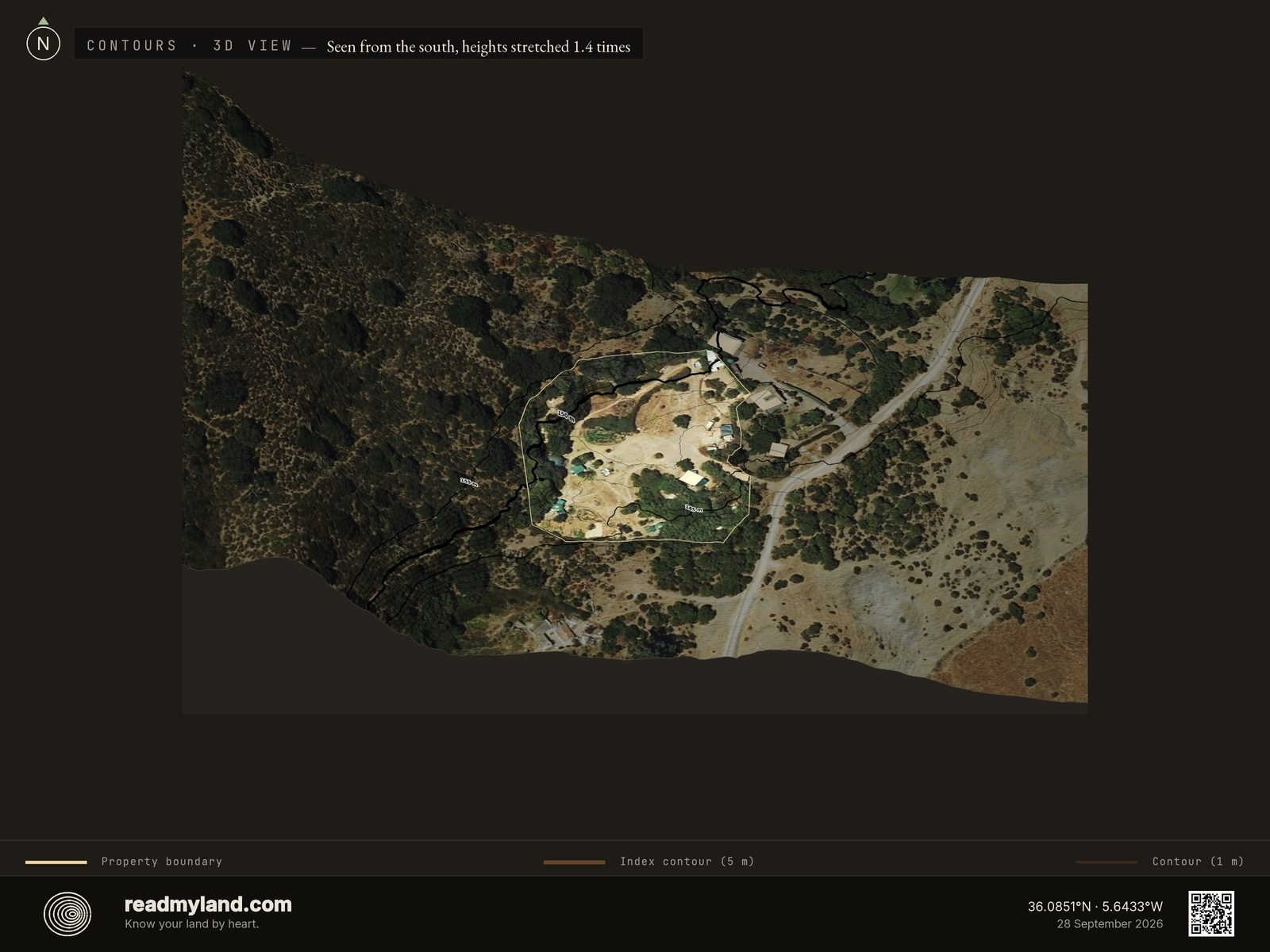 Clean topographic contour map of the Tarifa coast parcel in 3D