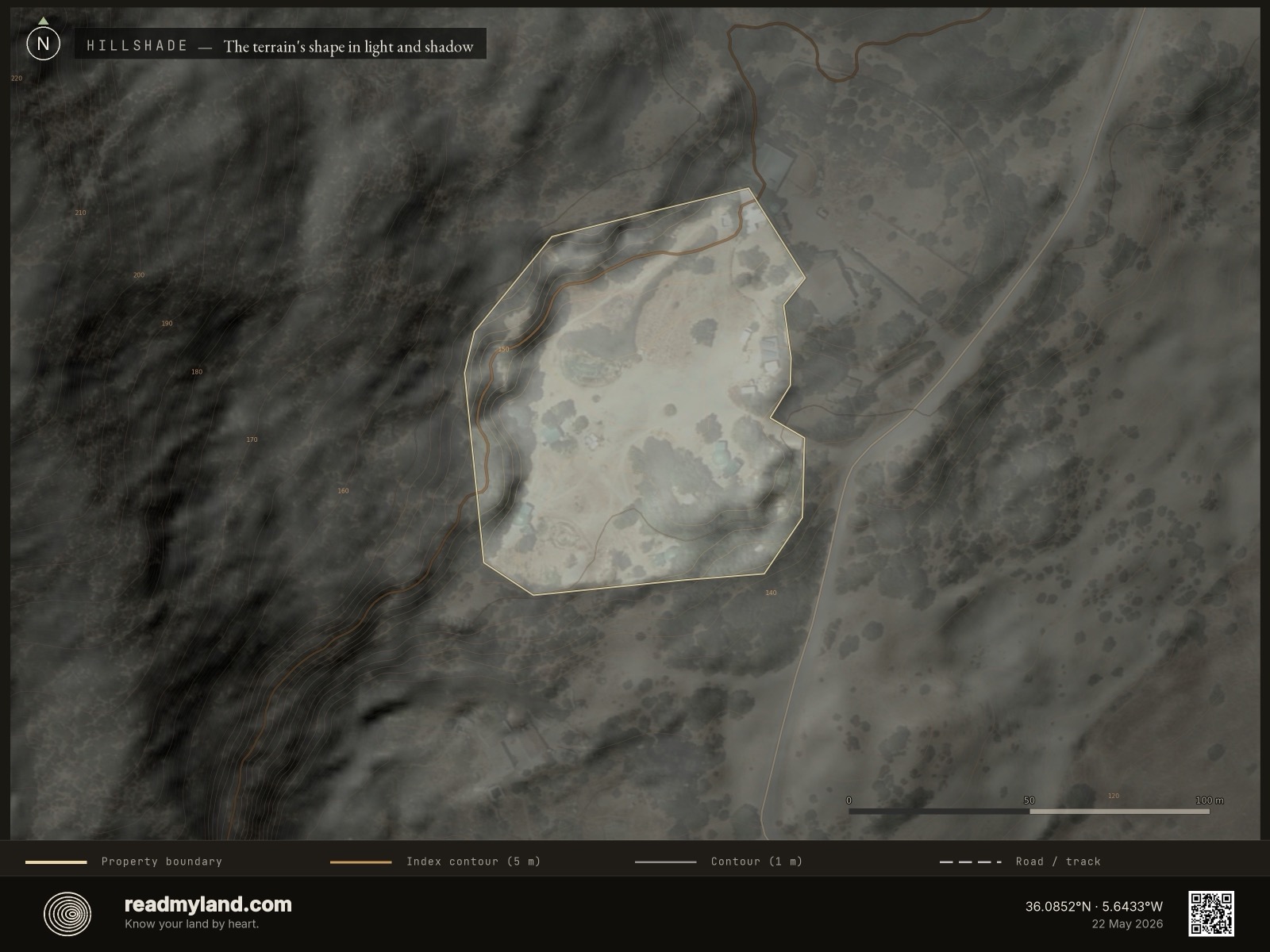 Hillshade relief map of the Tarifa coast parcel