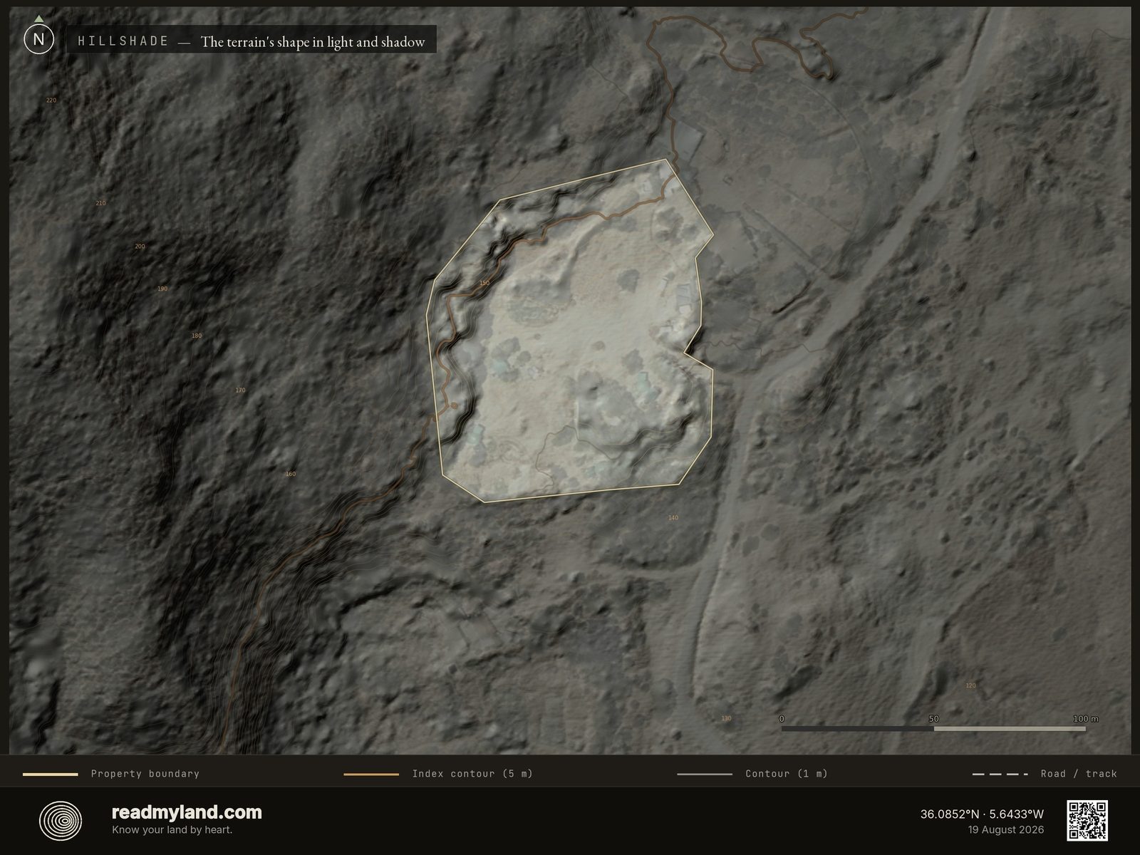 Hillshade relief map of the Tarifa coast parcel