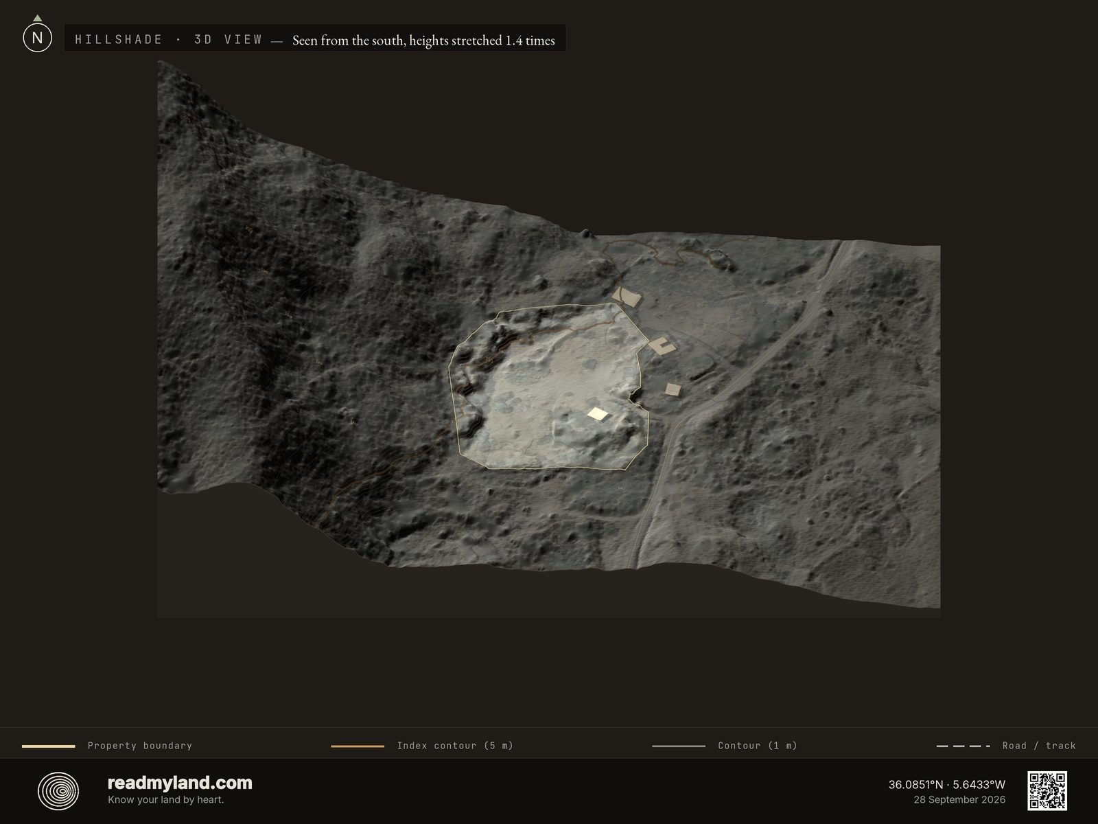 Hillshade relief map of the Tarifa coast parcel in 3D