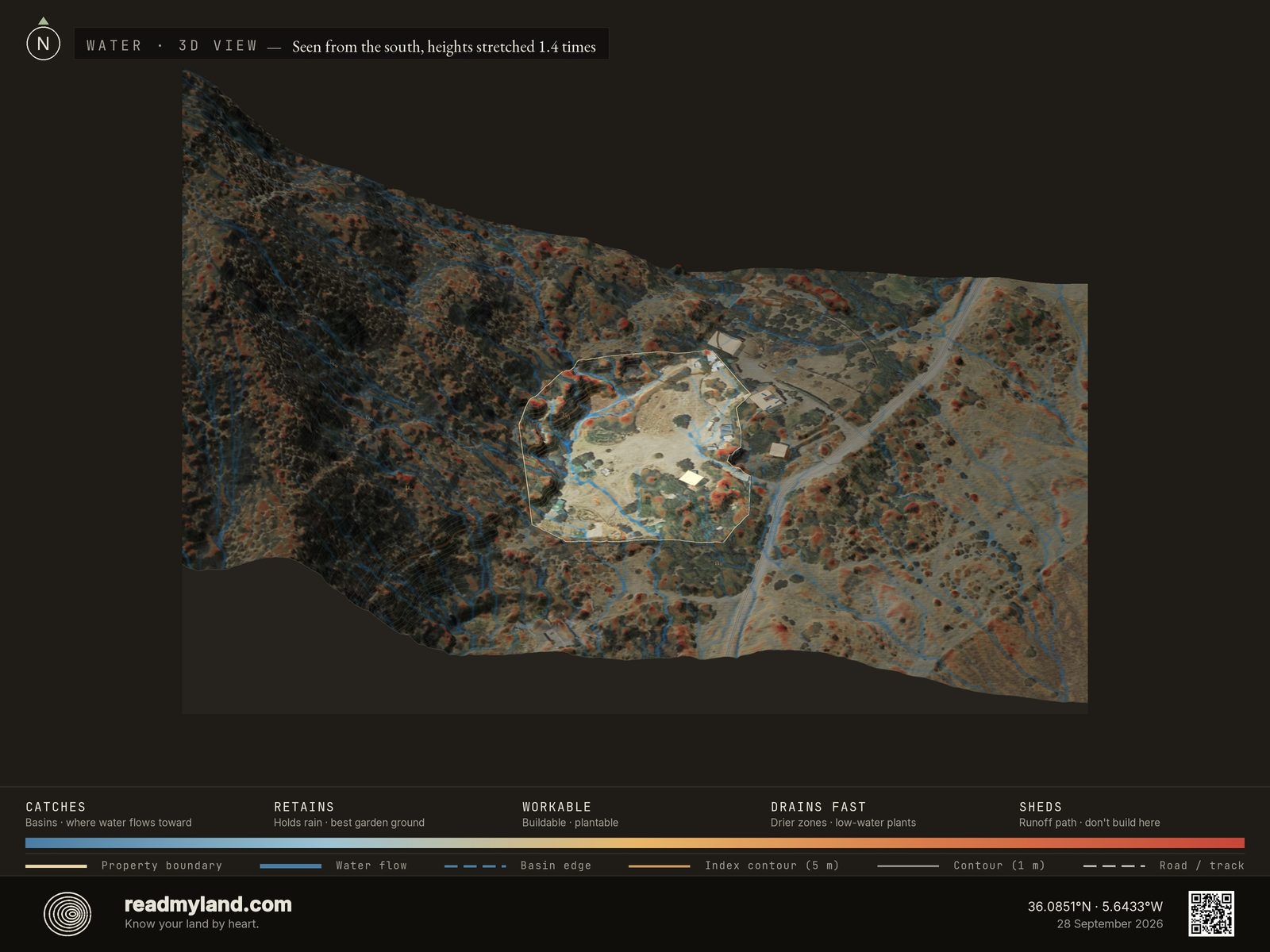 Wetness map showing where water collects on the Tarifa coast parcel in 3D