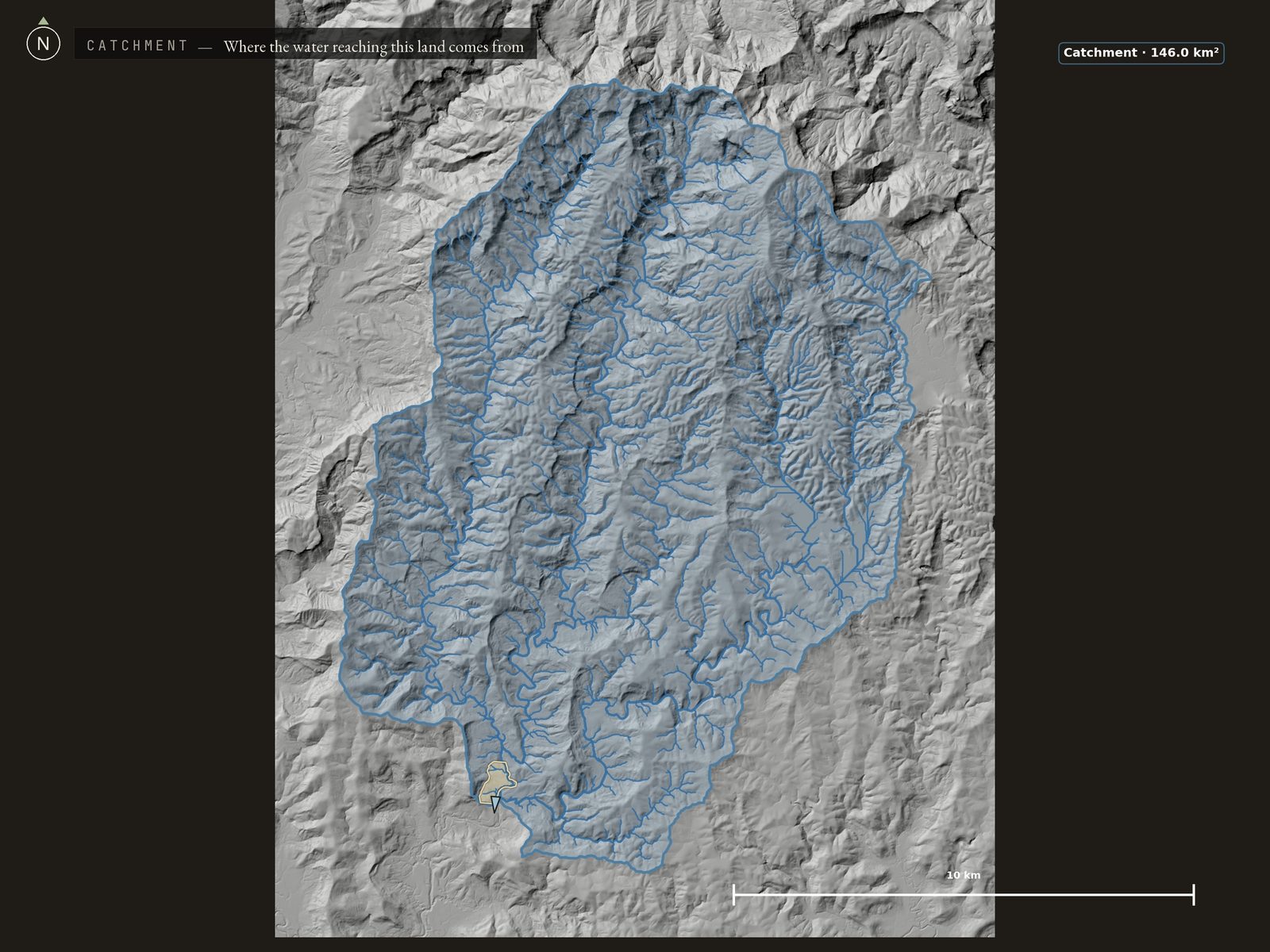 Water catchment basin draining through Zaytuna Farm: 14,602.6 hectares, with a pale triangle where the parcel's own water leaves