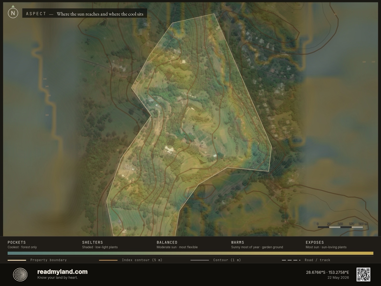 Aspect map showing slope orientation and sun exposure at Zaytuna Farm