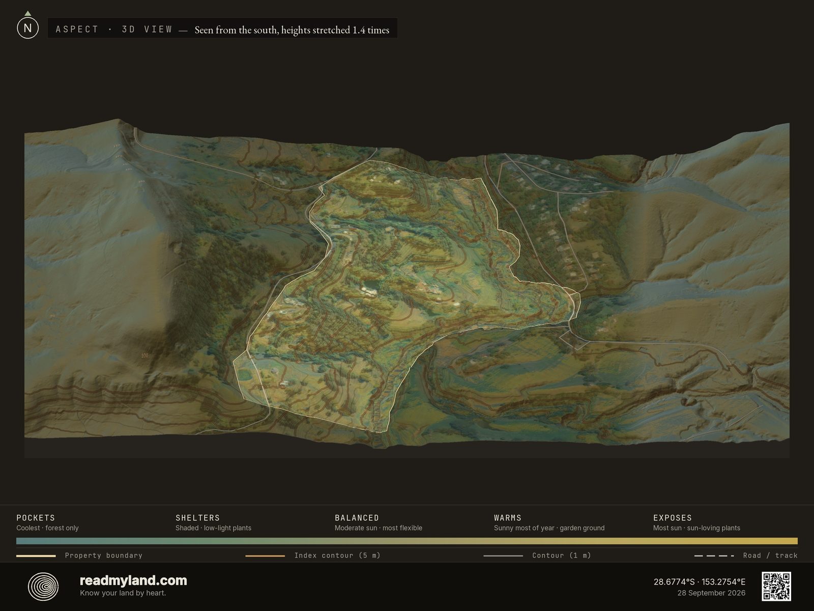 Aspect map showing slope orientation and sun exposure at Zaytuna Farm in 3D