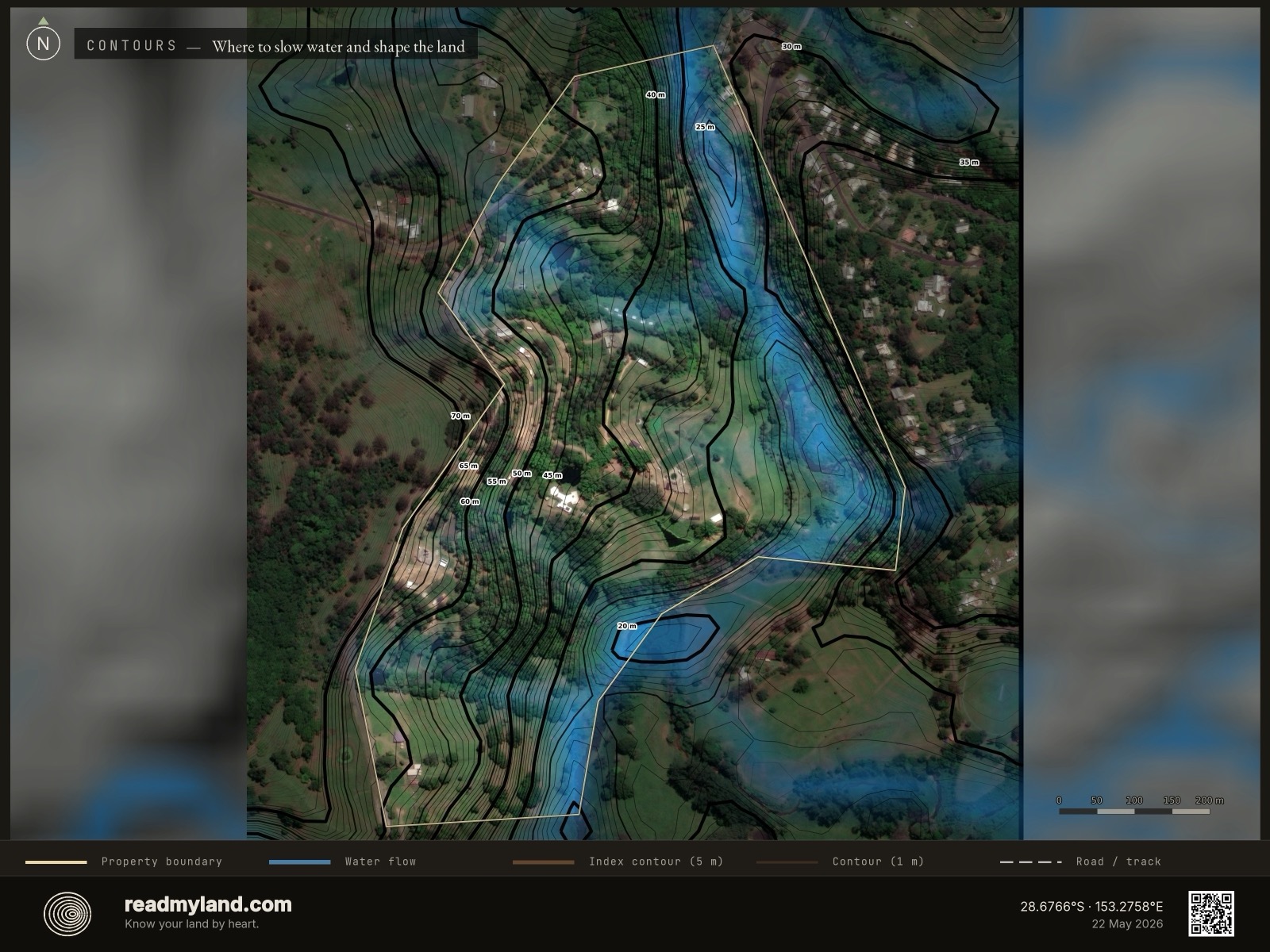 Topographic contours and water-flow streams over Zaytuna Farm