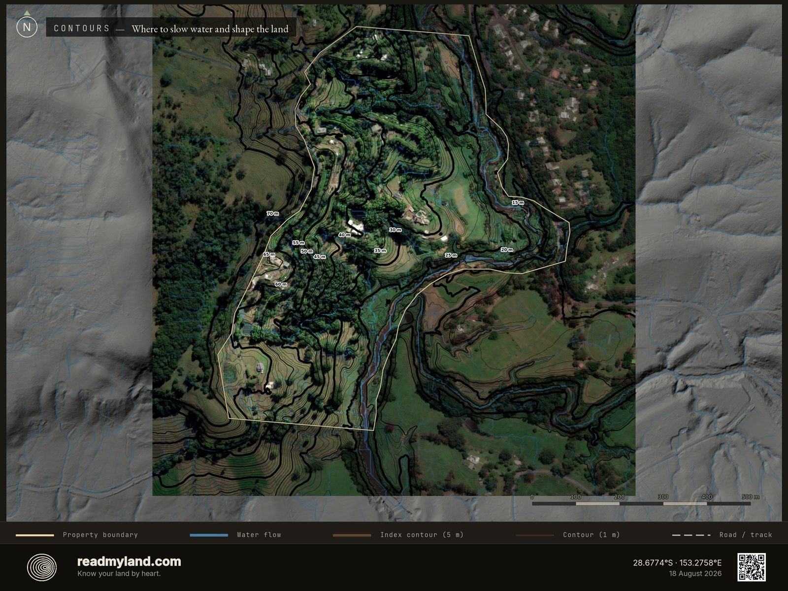 Topographic contours and water-flow streams over Zaytuna Farm