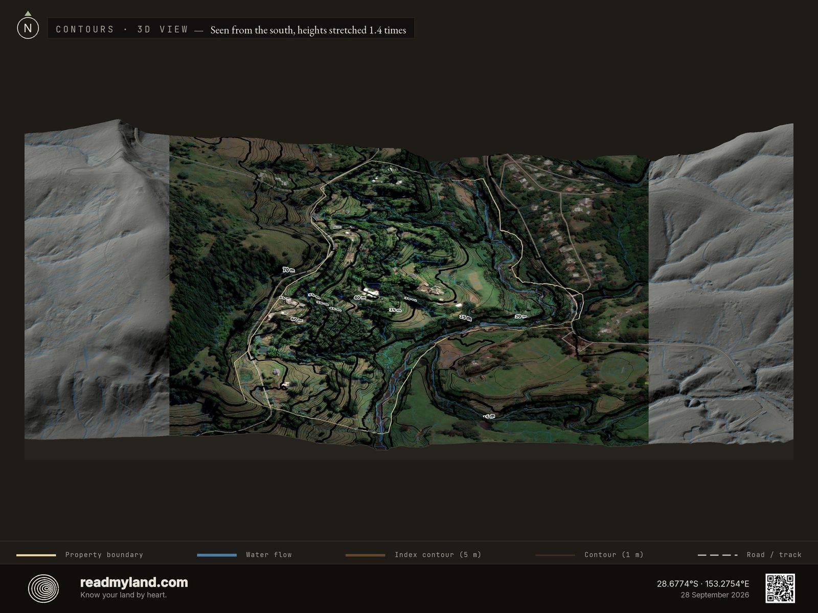 Topographic contours and water-flow streams over Zaytuna Farm in 3D