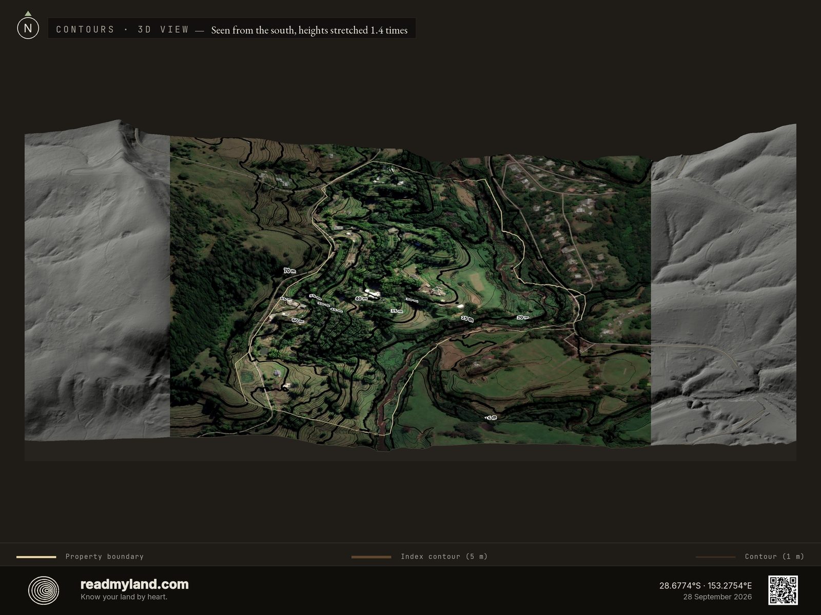 Clean topographic contour map of Zaytuna Farm in 3D