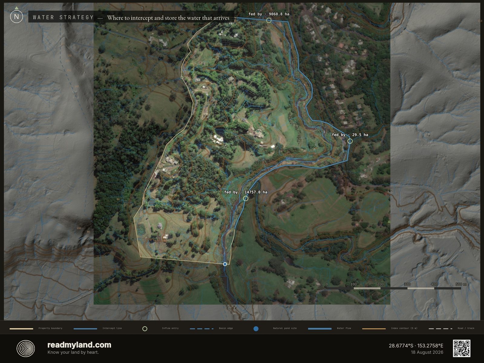 Water strategy plate for Zaytuna Farm: intercept line and candidate storage positions at the three largest inflow points