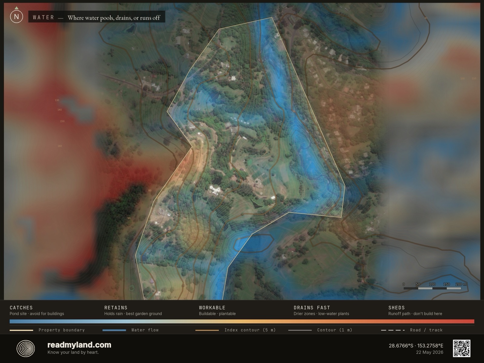 Wetness map showing where water collects at Zaytuna Farm