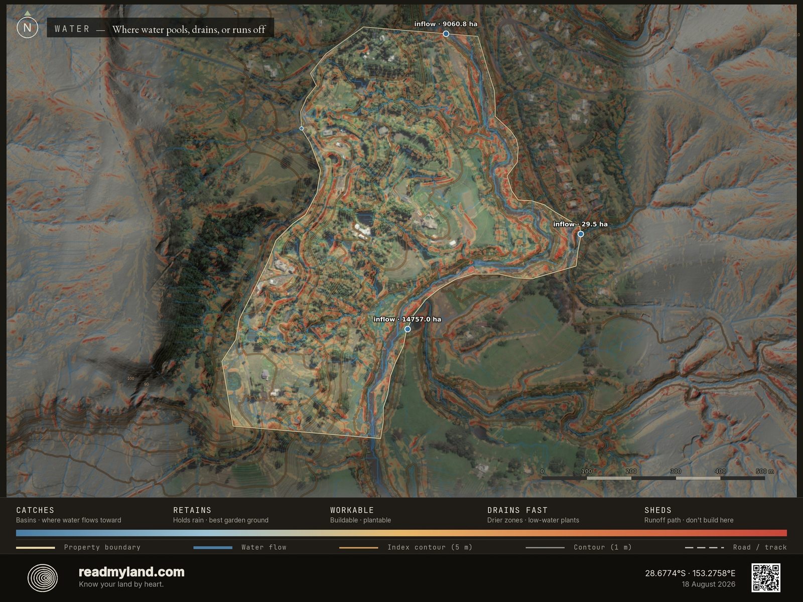 Wetness map showing where water collects at Zaytuna Farm