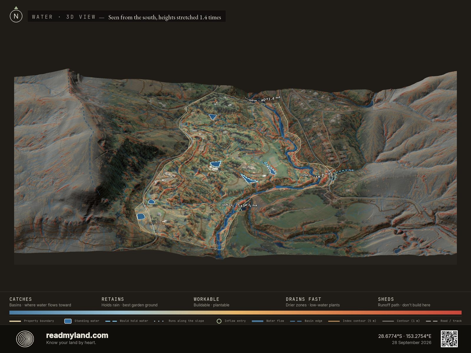 Wetness map showing where water collects at Zaytuna Farm in 3D